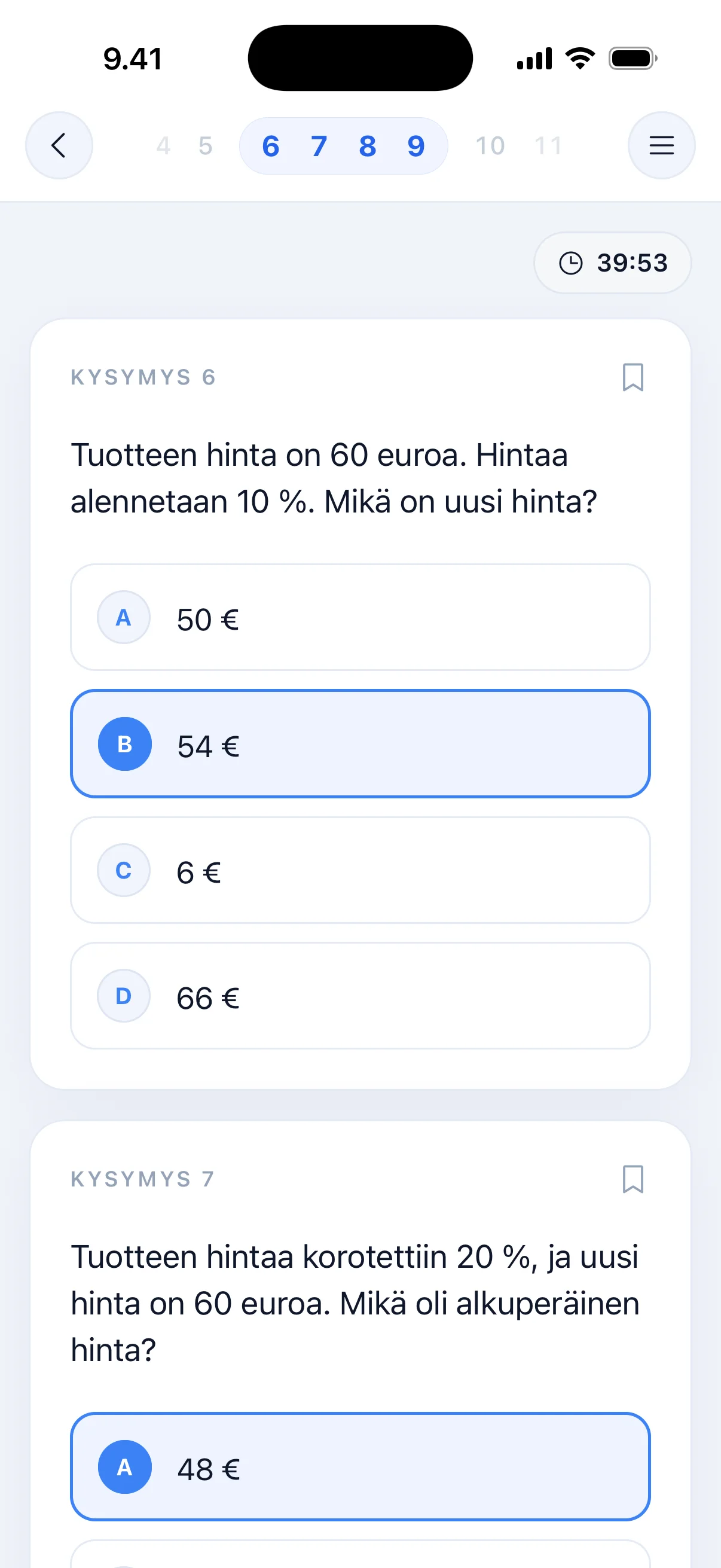 Harjoituskysymys Pääsy-sovelluksessa: kysymys ja vastausvaihtoehdot.