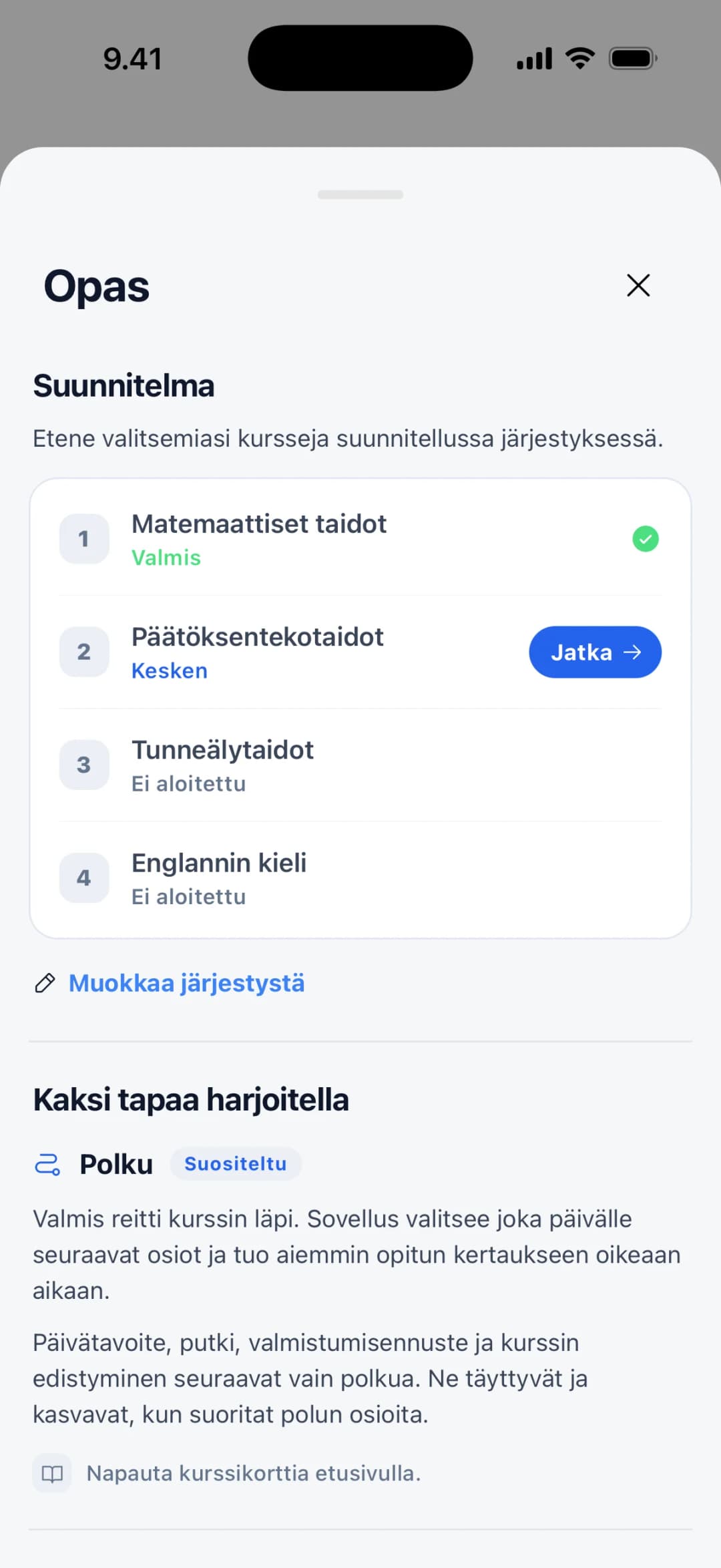 Opiskelusuunnitelma Pääsy-sovelluksessa: valitut kurssit järjestyksessä ja seuraava vuorossa.