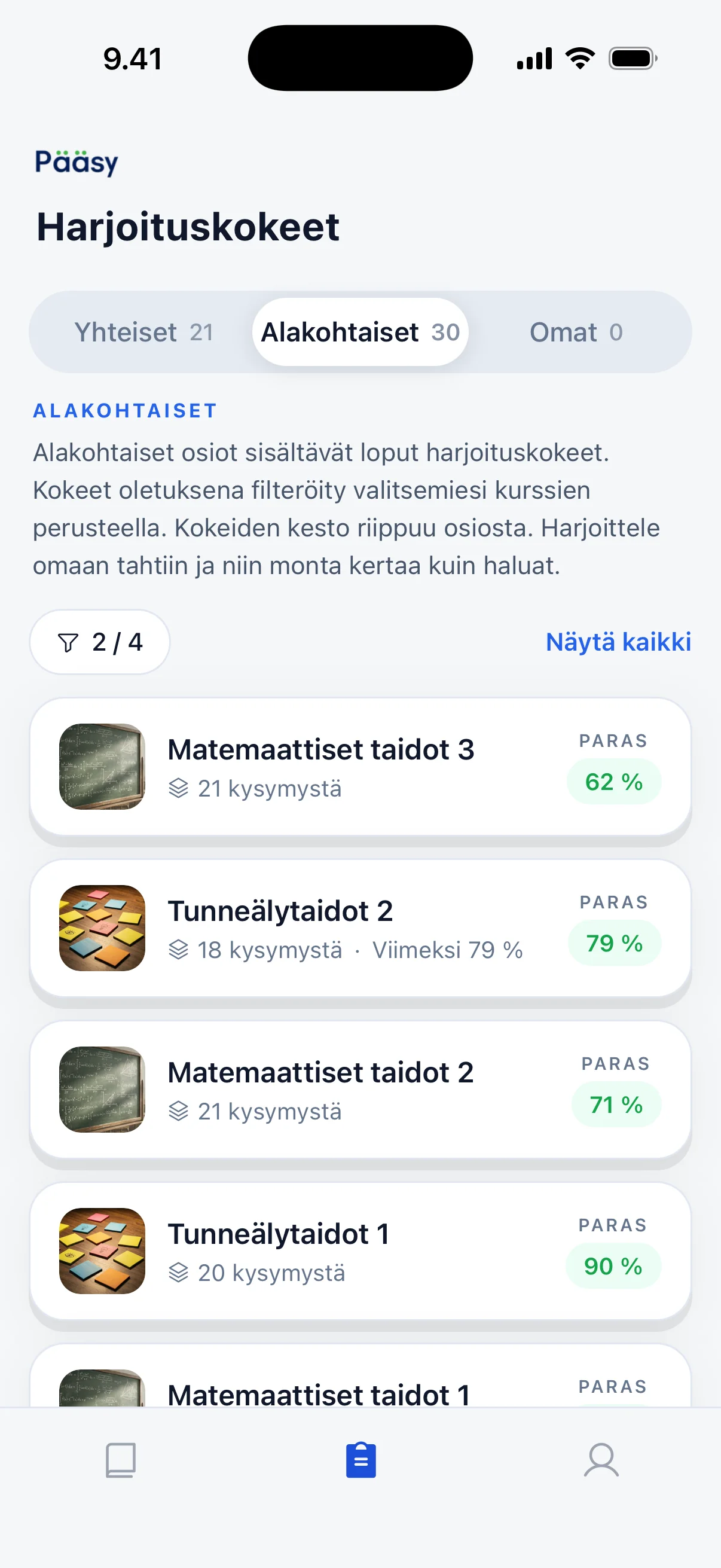Harjoituskokeet Pääsy-sovelluksessa: yhteiset ja alakohtaiset kokeet parhaine tuloksineen.