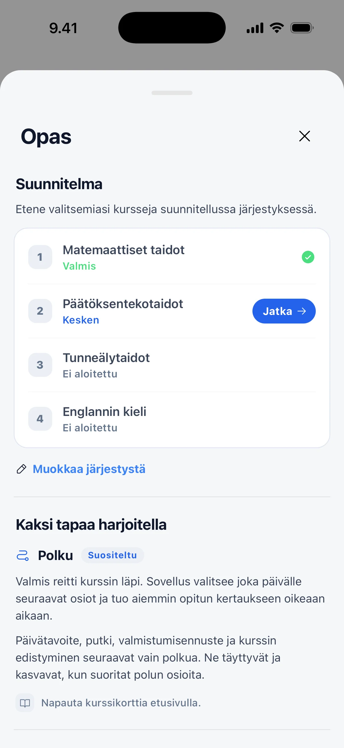 Opiskelusuunnitelma Pääsy-sovelluksessa: valitut kurssit järjestyksessä ja seuraava vuorossa.