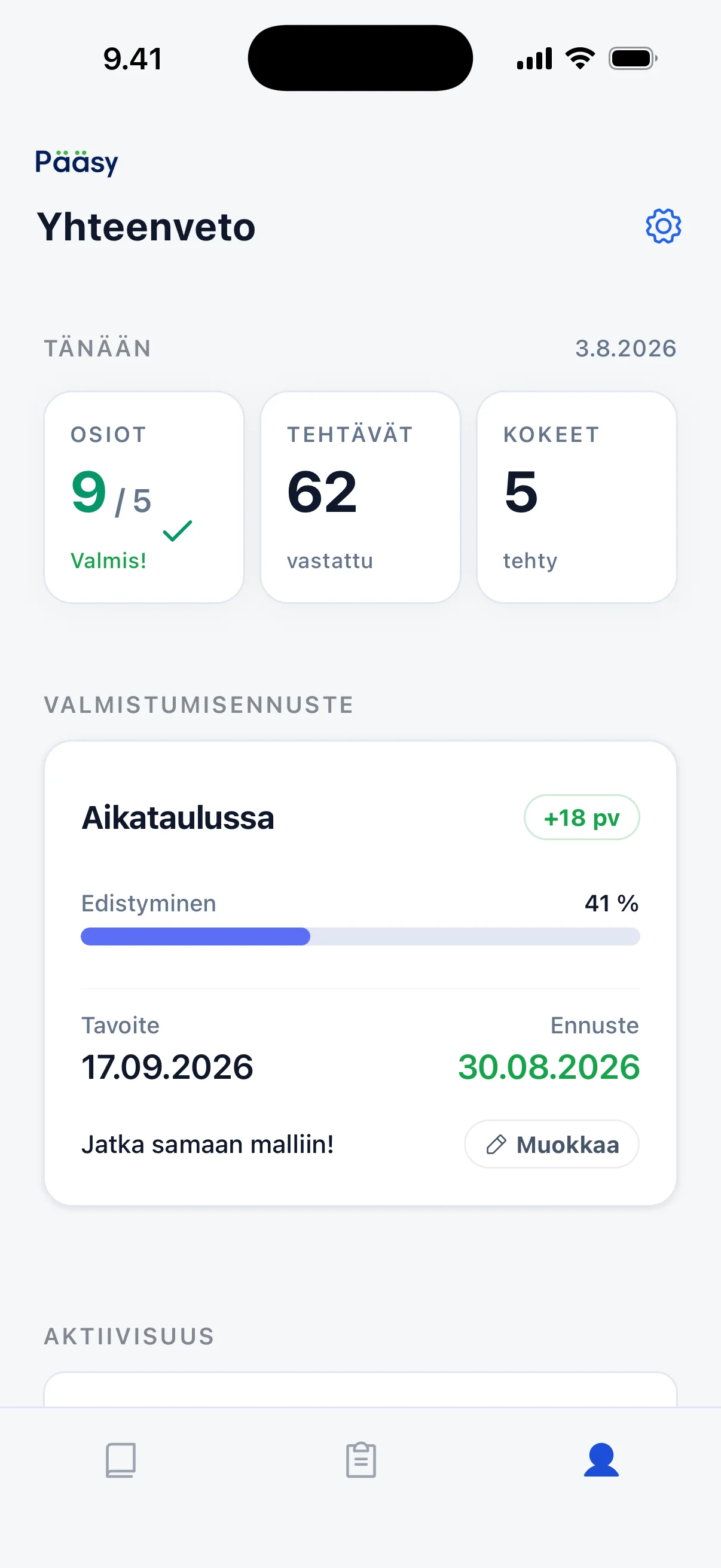 Yhteenveto Pääsy-sovelluksessa: päivän suoritukset, edistyminen ja valmistumisennuste.