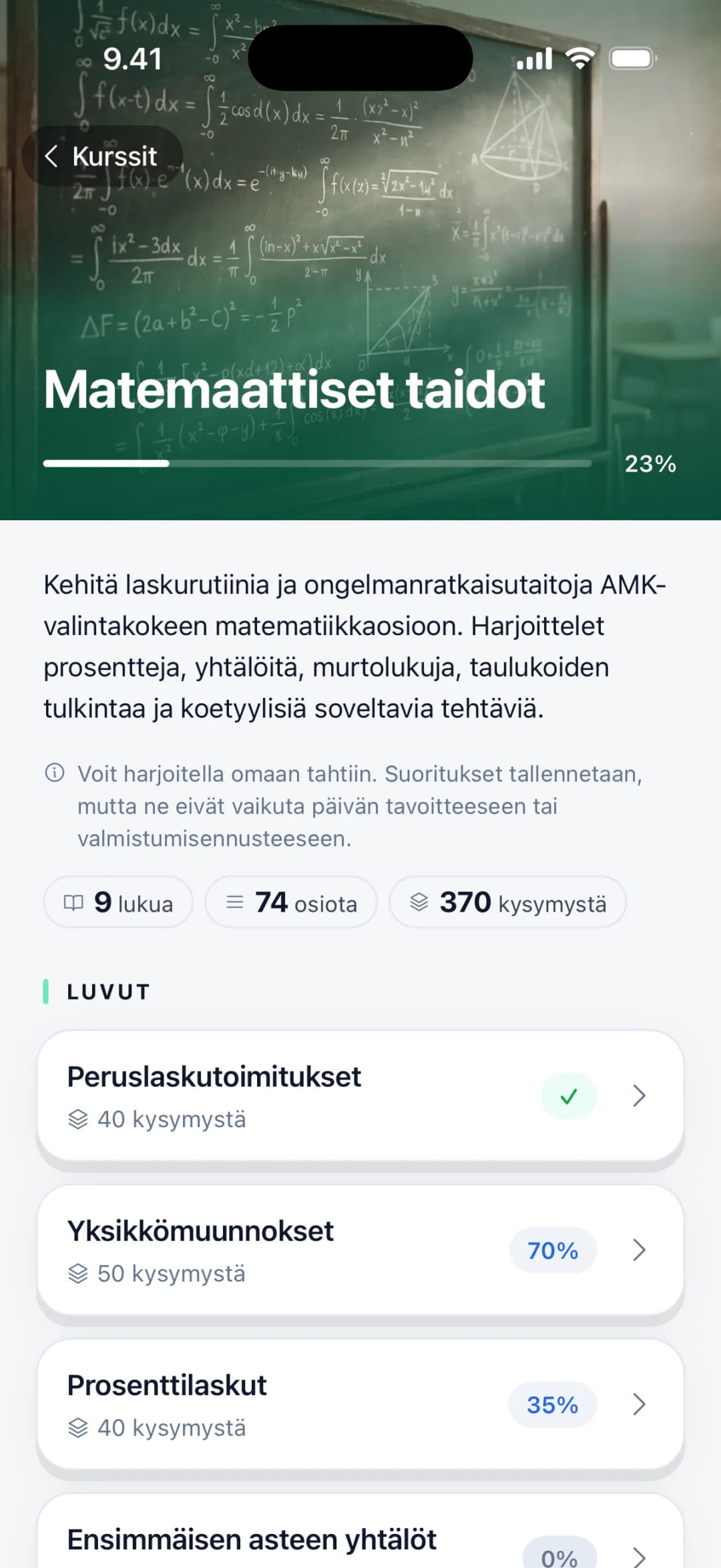 Kurssinäkymä Pääsy-sovelluksessa: kurssin luvut listana ja kunkin luvun edistyminen.