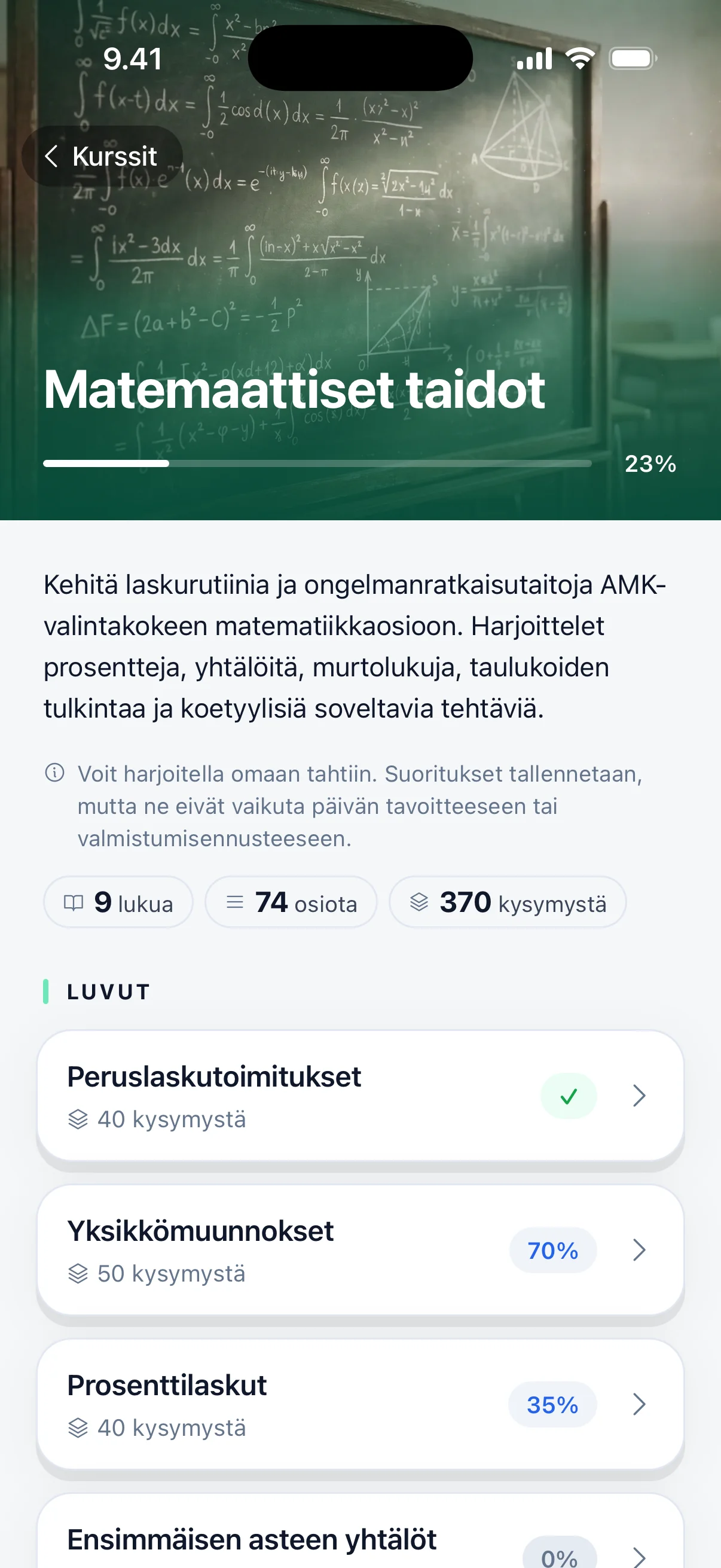 Kurssi Pääsy-sovelluksessa: lukujen ja kysymysten määrä sekä luvut edistymisineen.