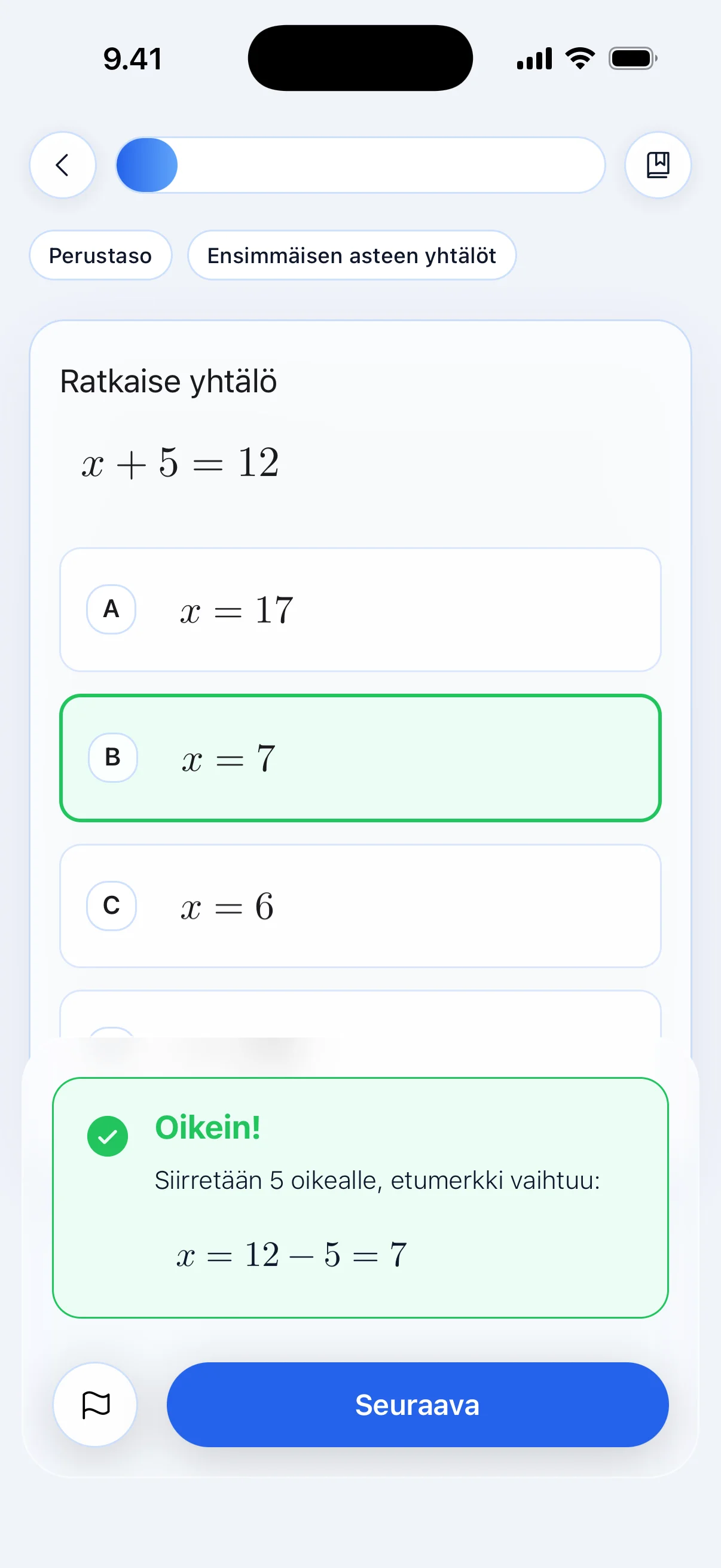 Harjoitustehtävä Pääsy-sovelluksessa: oikea vastaus merkittynä ja perustelu, miksi se on oikein.