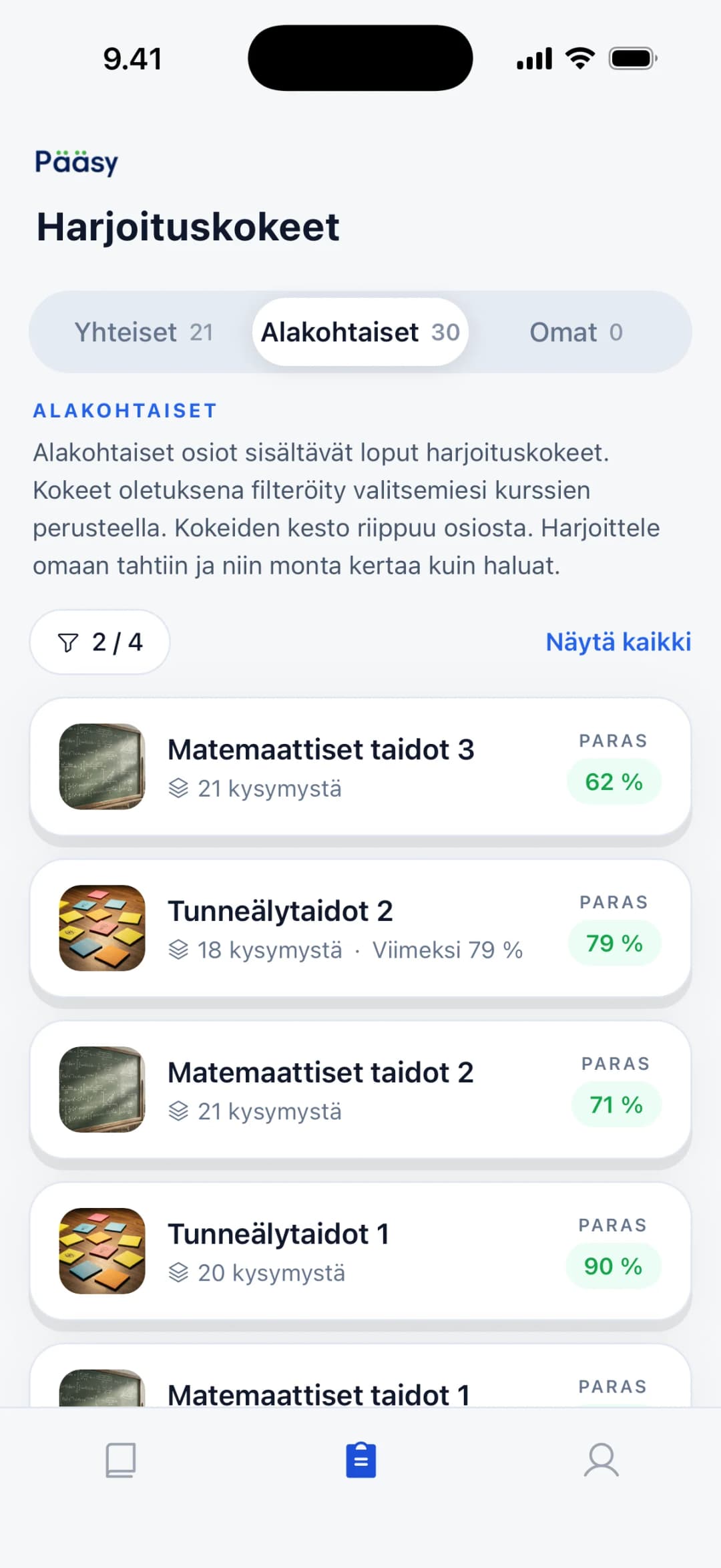 Harjoituskokeet-näkymä sovelluksessa: valmiit ja omat kokeet listattuna parhaine tuloksineen.