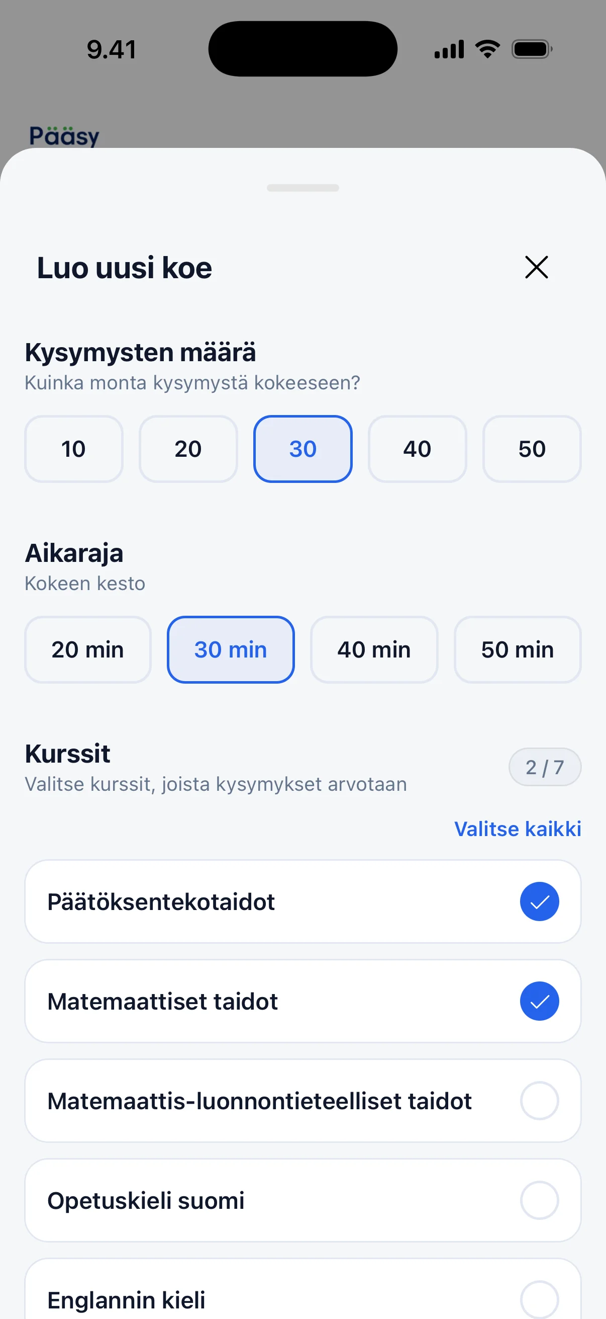Oman kokeen luonti sovelluksessa: kysymysten määrä, aikaraja ja kurssit valittavina.