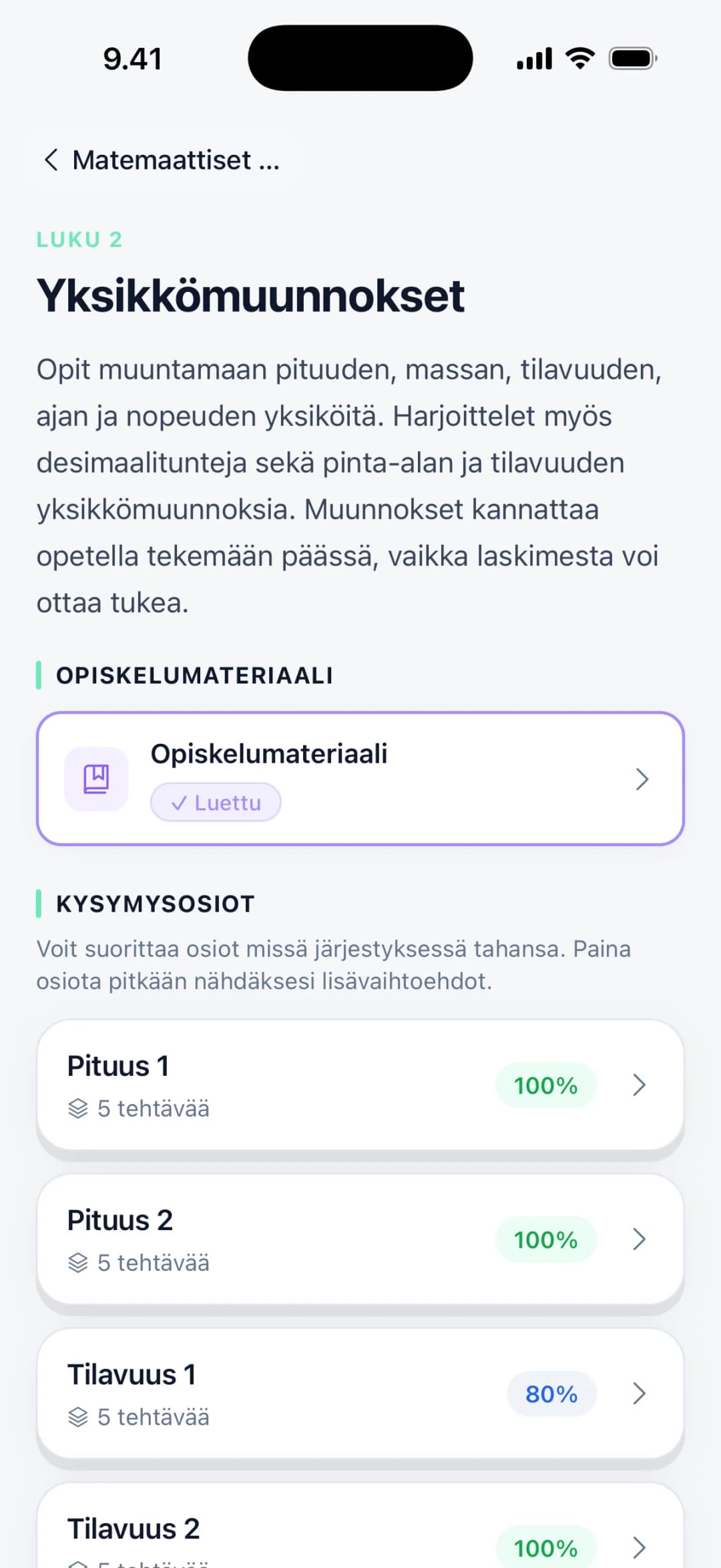 Luvun näkymä Pääsy-sovelluksessa: opiskelumateriaali ja kysymysosiot, jotka voi tehdä missä järjestyksessä tahansa.