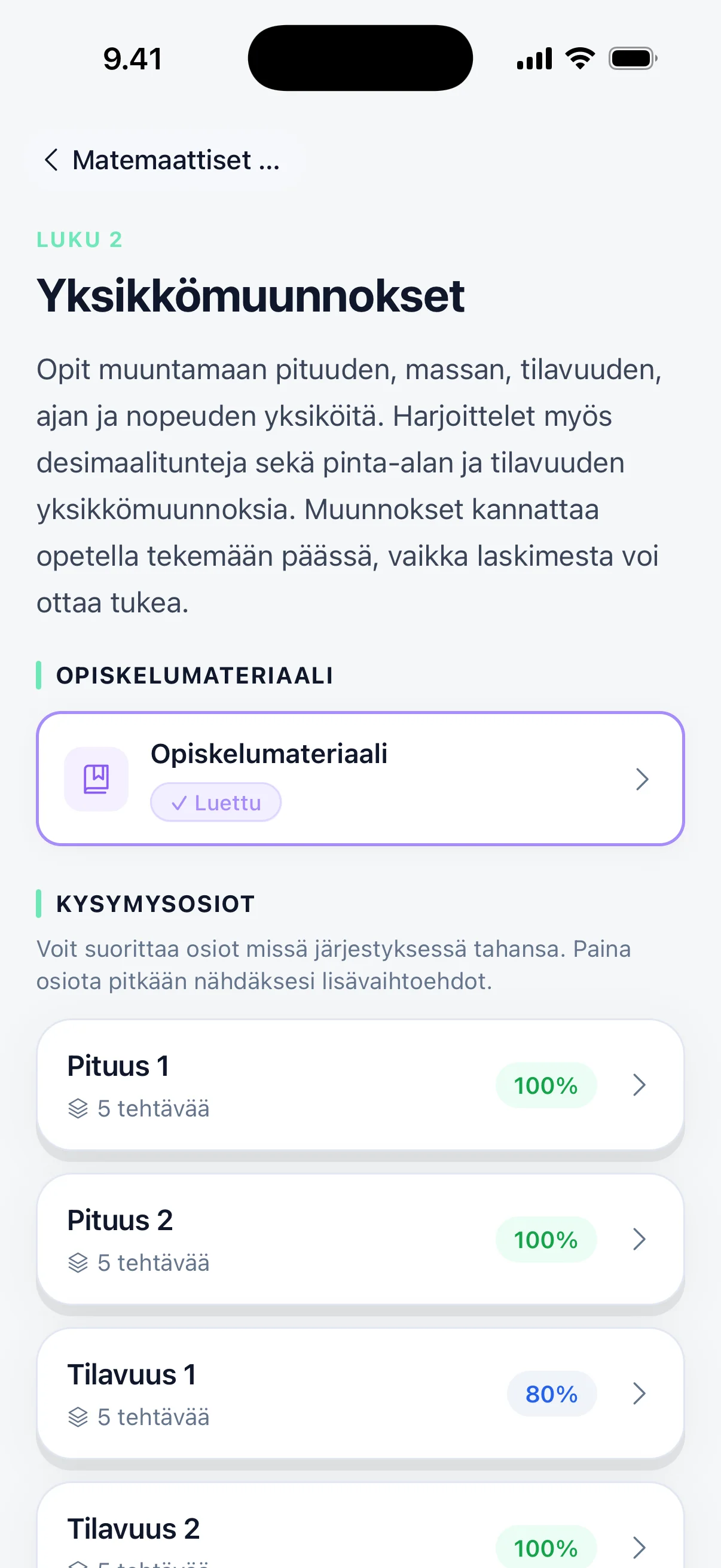 Luvun näkymä Pääsy-sovelluksessa: opiskelumateriaali ja kysymysosiot, jotka voi tehdä missä järjestyksessä tahansa.
